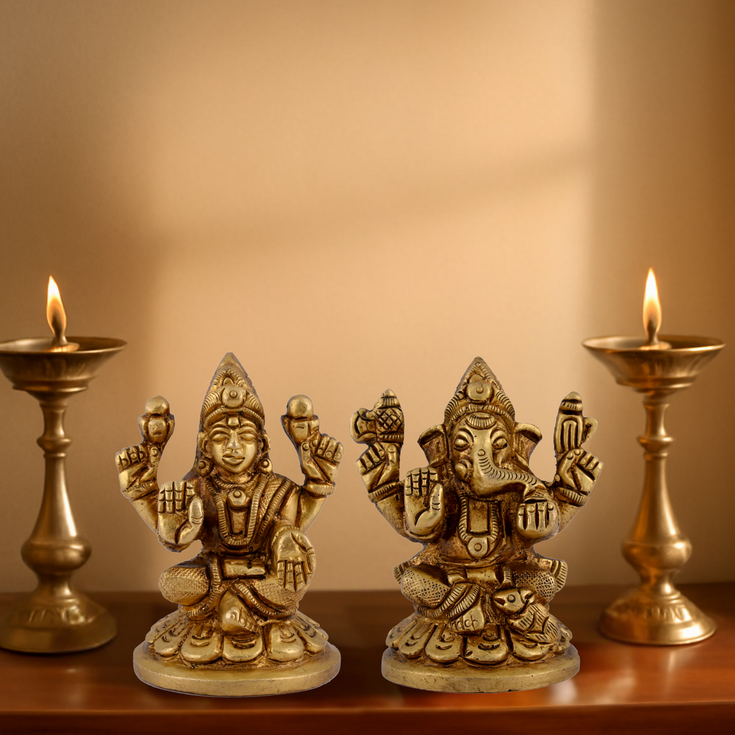 Brass Ganesha Laxmi Idol Set Small for Pooja