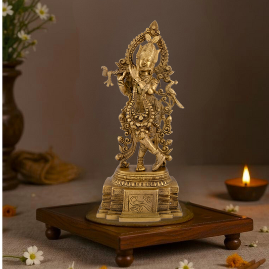 Brass Lord Krishna Idol Playing Flute
