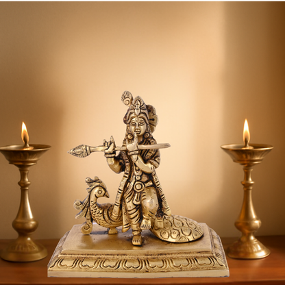 Brass Krishna with Peacock