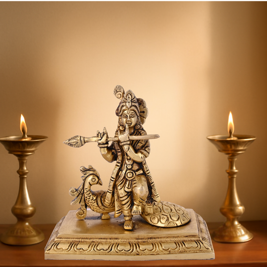 Brass Krishna with Peacock