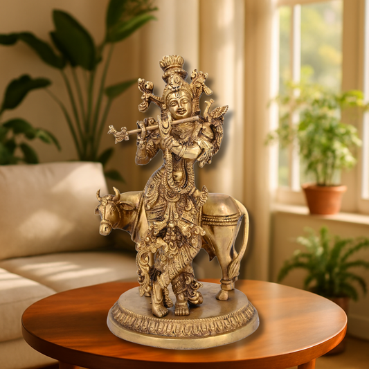 Brass Krishna with Cow