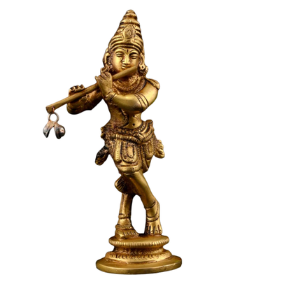 Brass Krishna with Peacock Playing Flute