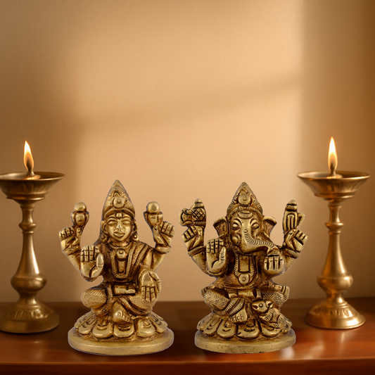 Brass Ganesha Laxmi Idol Set Small for Pooja