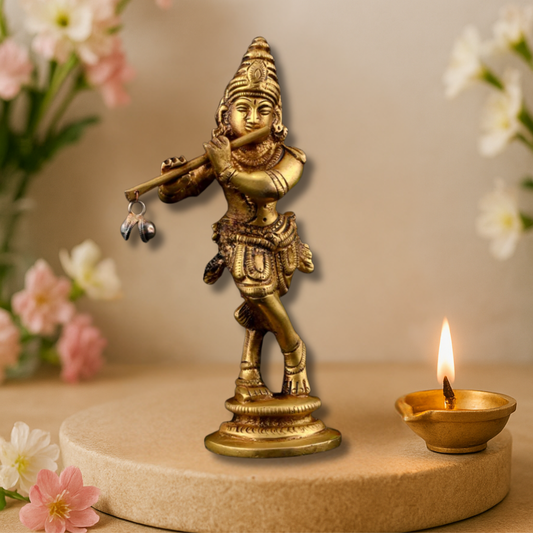 Brass Krishna with Peacock Playing Flute