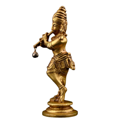 Brass Krishna with Peacock Playing Flute